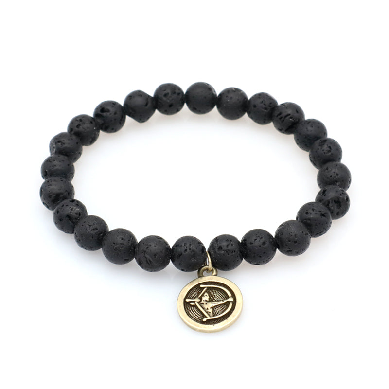 Customized Wholesale Manufacture OEM Handmade 8mm Natural Stone Beads Gold Plated Sagittarius Charm Black Lava Stone Bracelet