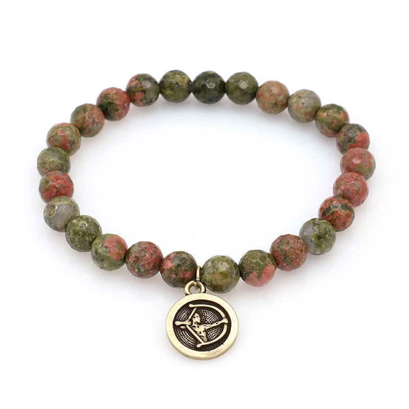 Gold Plated Sagittarius Libra Charm Custom Wholesale OEM Handmade 8mm Faceted Purple Stone Unakite Natural Stone Beads Bracelet