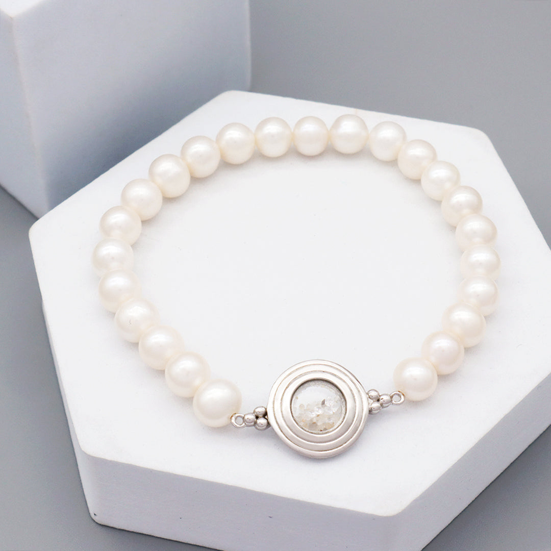 Newest Fashion China Factory Wholesale Manufacture Customized CZ Round Glass Mirror Sand 925 Sterling Silver Charm Fresh Water Pearl Beads Bracelet For Women Gift