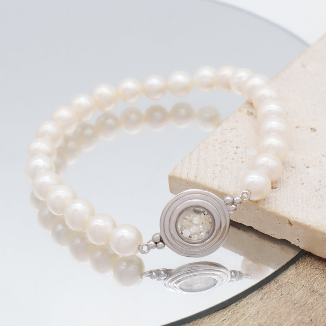 Newest Fashion China Factory Wholesale Manufacture Customized CZ Round Glass Mirror Sand 925 Sterling Silver Charm Fresh Water Pearl Beads Bracelet For Women Gift