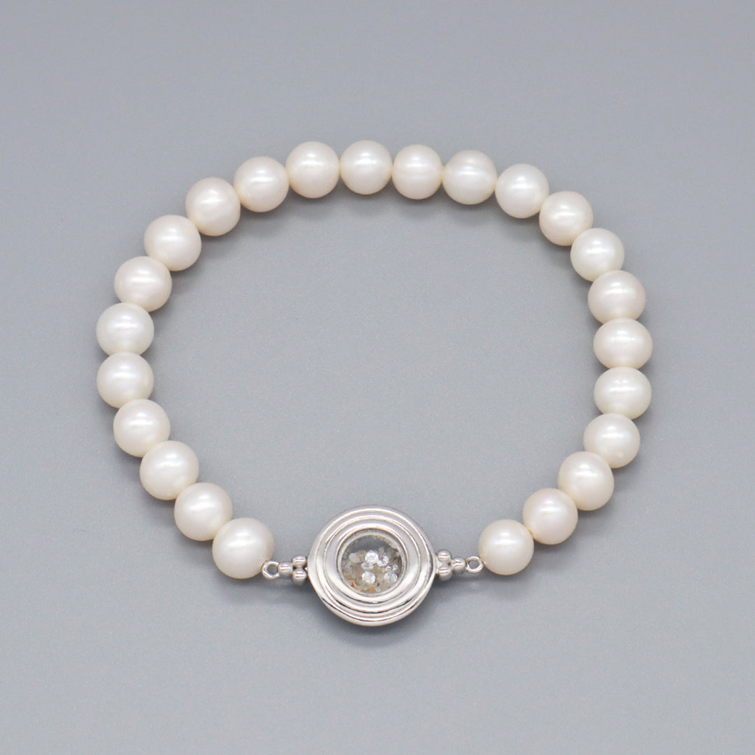 Newest Fashion China Factory Wholesale Manufacture Customized CZ Round Glass Mirror Sand 925 Sterling Silver Charm Fresh Water Pearl Beads Bracelet For Women Gift