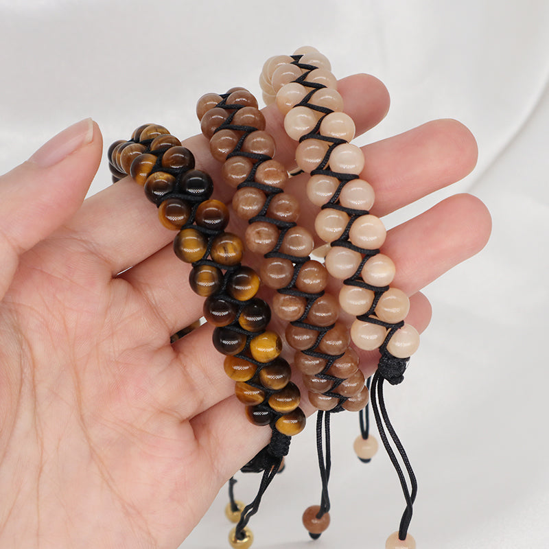 Custom Stainless Steel Logo Handmade Woven Cord 6mm Natural Colorful Jade Gemstone Double Layer Macrame mens tiger eyes Bracelet