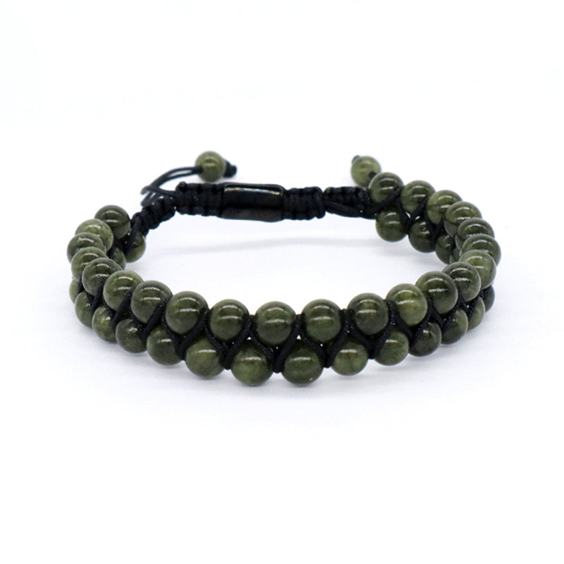 OEM Handmade Wholesale Customized Stainless Steel Logo 6mm Natural Colorful Jade Agate Pine Bead Macrame Double Layer Bracelet