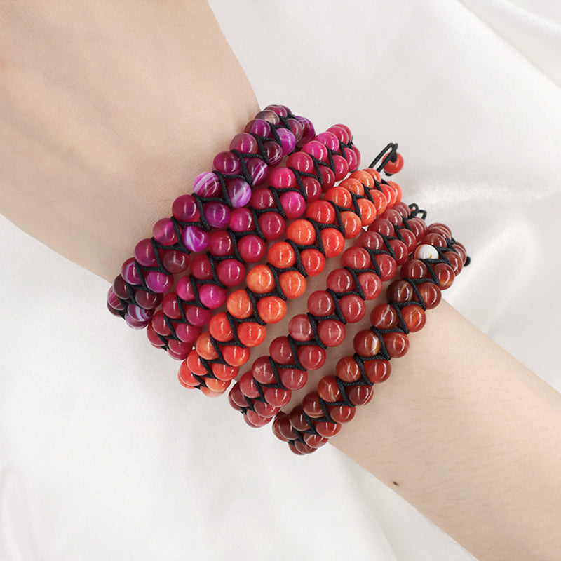 Handmade Customized Stainless Steel Logo Woven Double Layer 6mm Natural Striped Fire agate Beads Macrame Bracelet For Mens Women