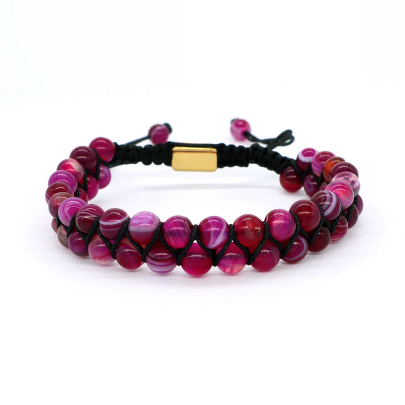 Handmade Customized Stainless Steel Logo Woven Double Layer 6mm Natural Striped Fire agate Beads Macrame Bracelet For Mens Women