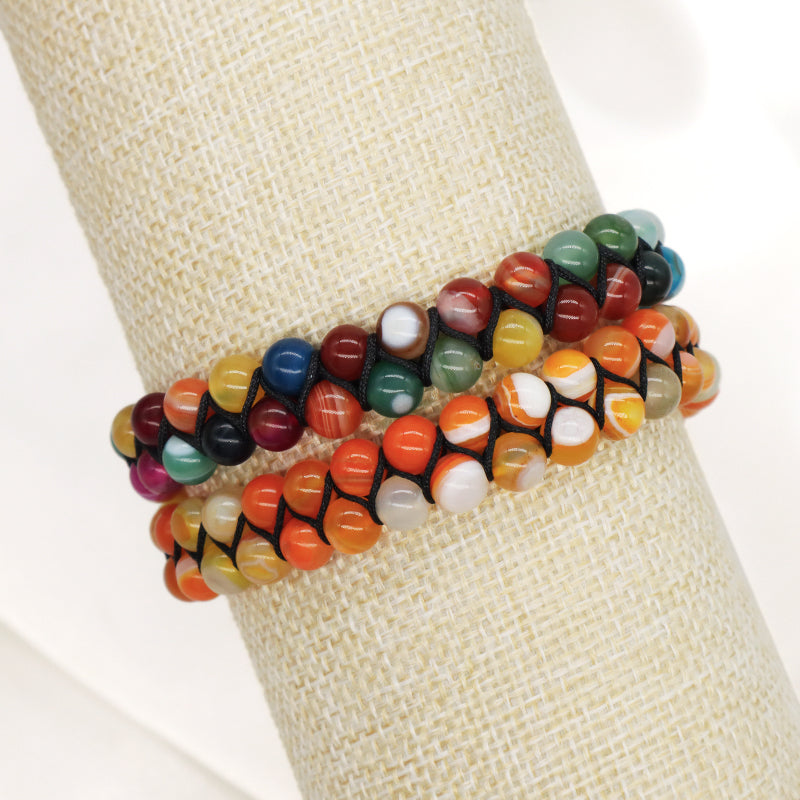 Factory Make Handmade Customize Stainless Steel Logo 6mm Real Natural Stone Agate Bead Jewelry Men Women Macrame Custom Bracelet