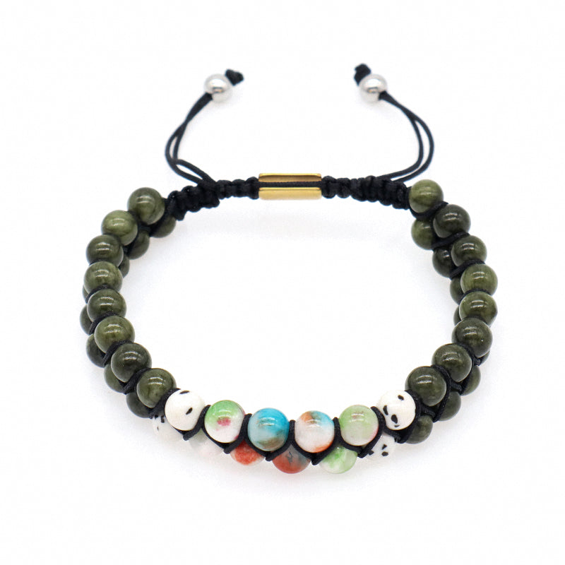 Custom Stainless Steel Logo Men Women Handmade Braided Woven Cord Natural 6mm Colorful Jade Beads Friendship Macrame Bracelet