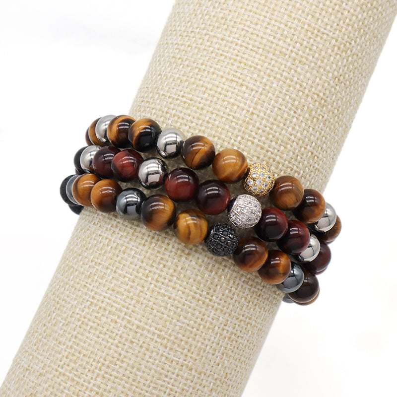 Custom Stainless Steel Logo CZ Beads Hand Woven Cord Macrame Jewelry Braided 8mm Natural Stone Hematite Tiger Eyes Bead Bracelet