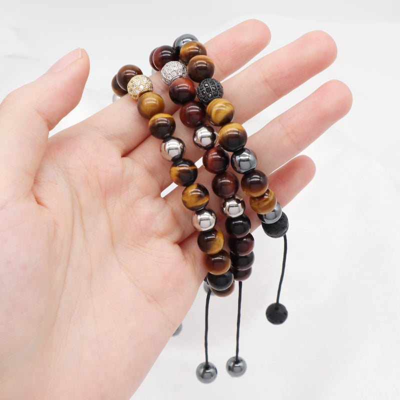 Custom Stainless Steel Logo CZ Beads Hand Woven Cord Macrame Jewelry Braided 8mm Natural Stone Hematite Tiger Eyes Bead Bracelet