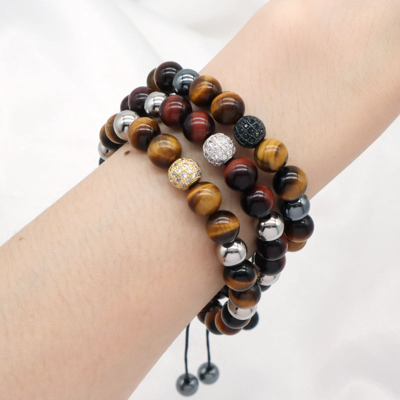 Custom Stainless Steel Logo CZ Beads Hand Woven Cord Macrame Jewelry Braided 8mm Natural Stone Hematite Tiger Eyes Bead Bracelet