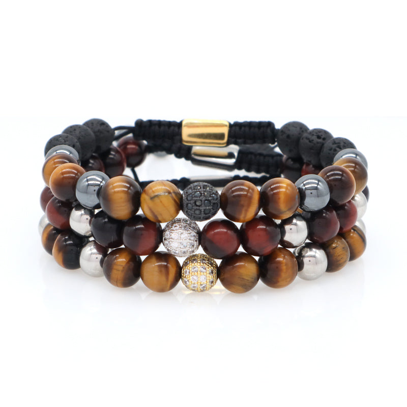 Custom Stainless Steel Logo CZ Beads Hand Woven Cord Macrame Jewelry Braided 8mm Natural Stone Hematite Tiger Eyes Bead Bracelet