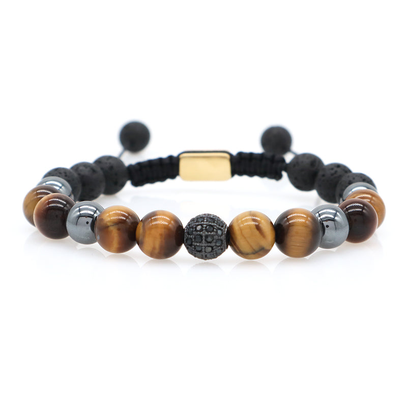Custom Stainless Steel Logo CZ Beads Hand Woven Cord Macrame Jewelry Braided 8mm Natural Stone Hematite Tiger Eyes Bead Bracelet