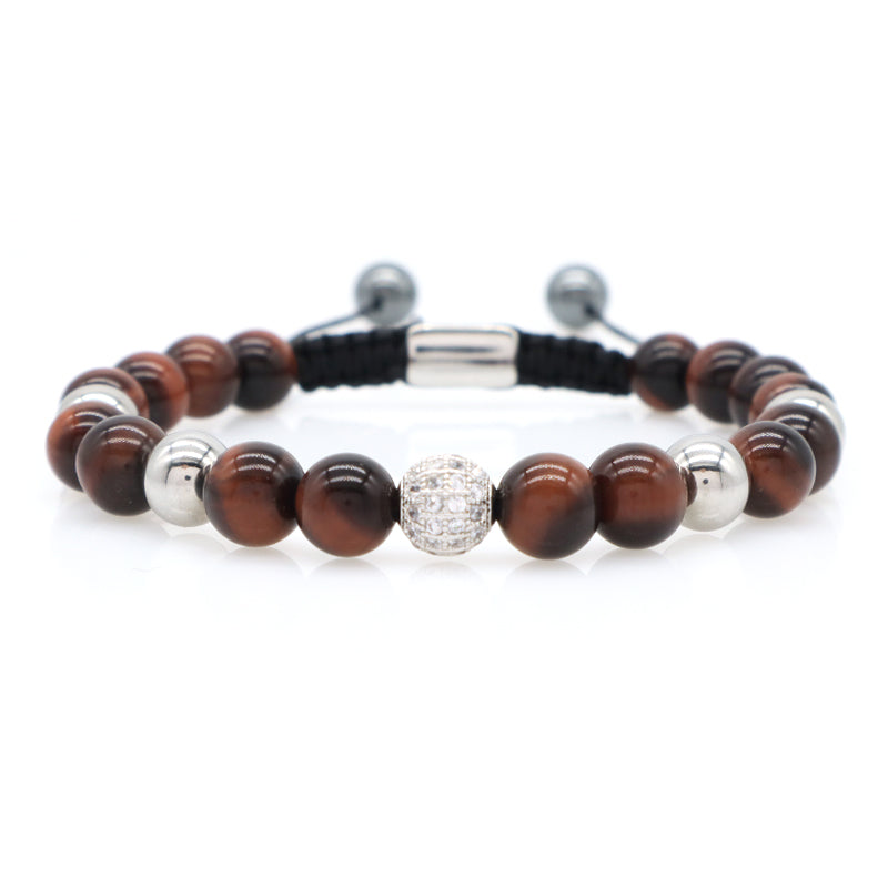 Custom Stainless Steel Logo CZ Beads Hand Woven Cord Macrame Jewelry Braided 8mm Natural Stone Hematite Tiger Eyes Bead Bracelet