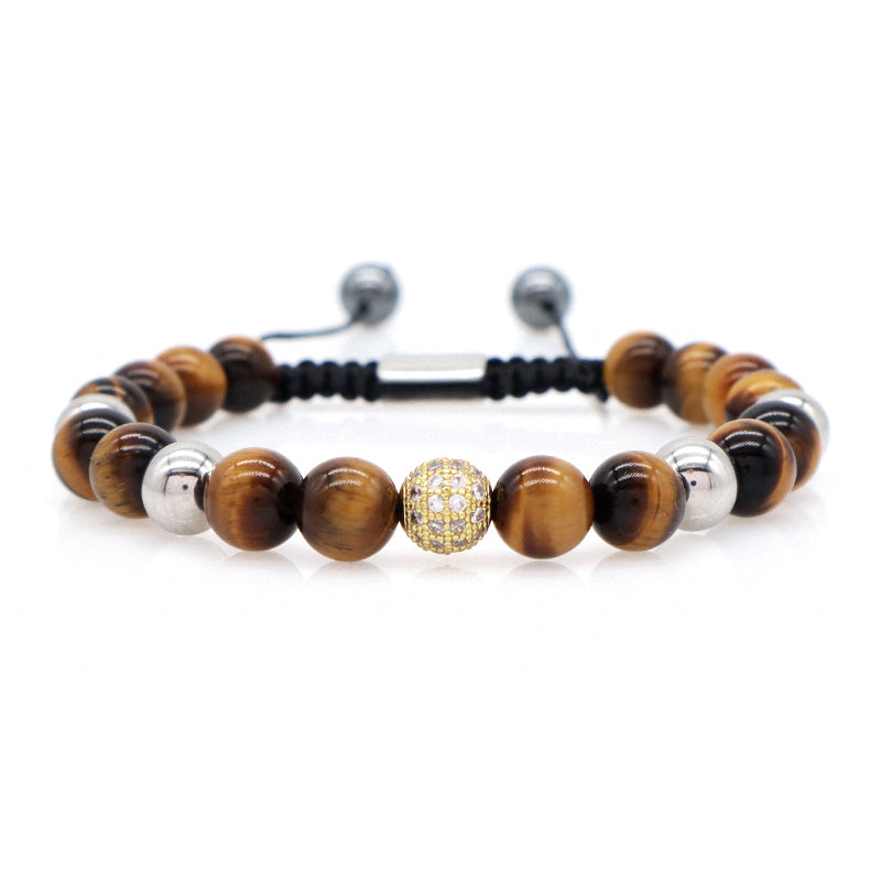 Custom Stainless Steel Logo CZ Beads Hand Woven Cord Macrame Jewelry Braided 8mm Natural Stone Hematite Tiger Eyes Bead Bracelet