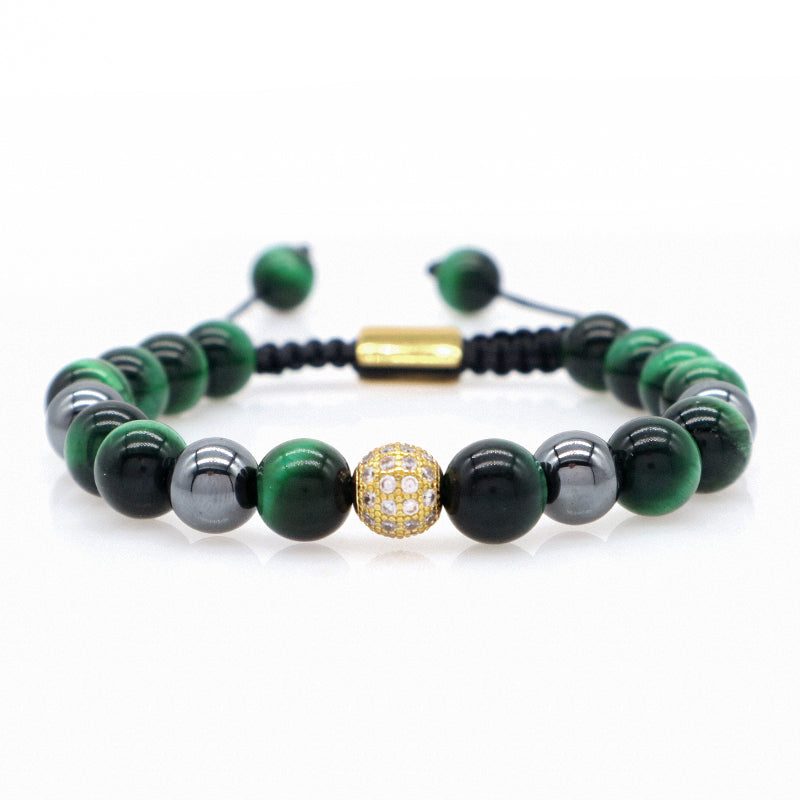 Handmade Woven Macrame Jewelry Custom Stainless Steel Logo CZ Beads Braided 8mm Natural Stone Tiger Eyes Lava Bead Men Bracelet