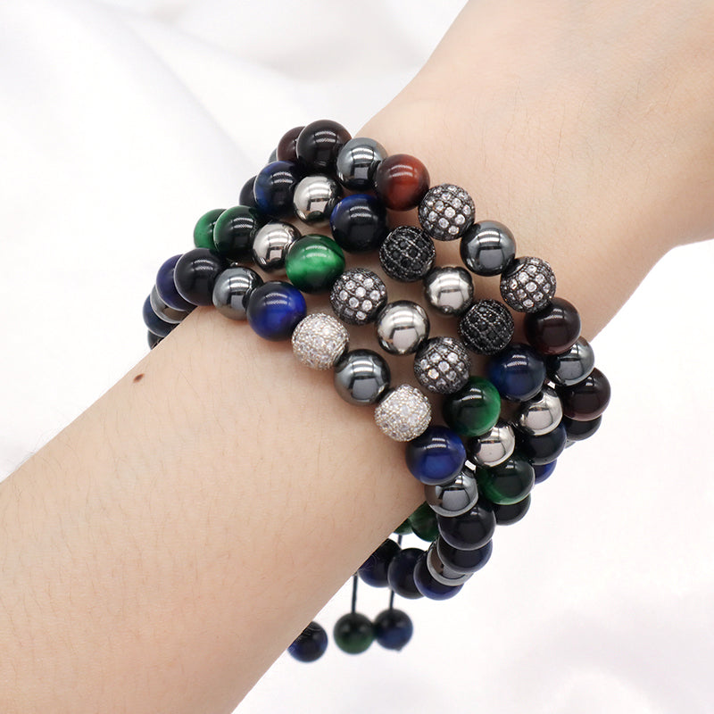 Hand Woven Cord Macrame Jewelry Custom Stainless Steel Logo CZ Beads Braided 8mm Hematite Tiger Eyes Natural Stone Bead Bracelet