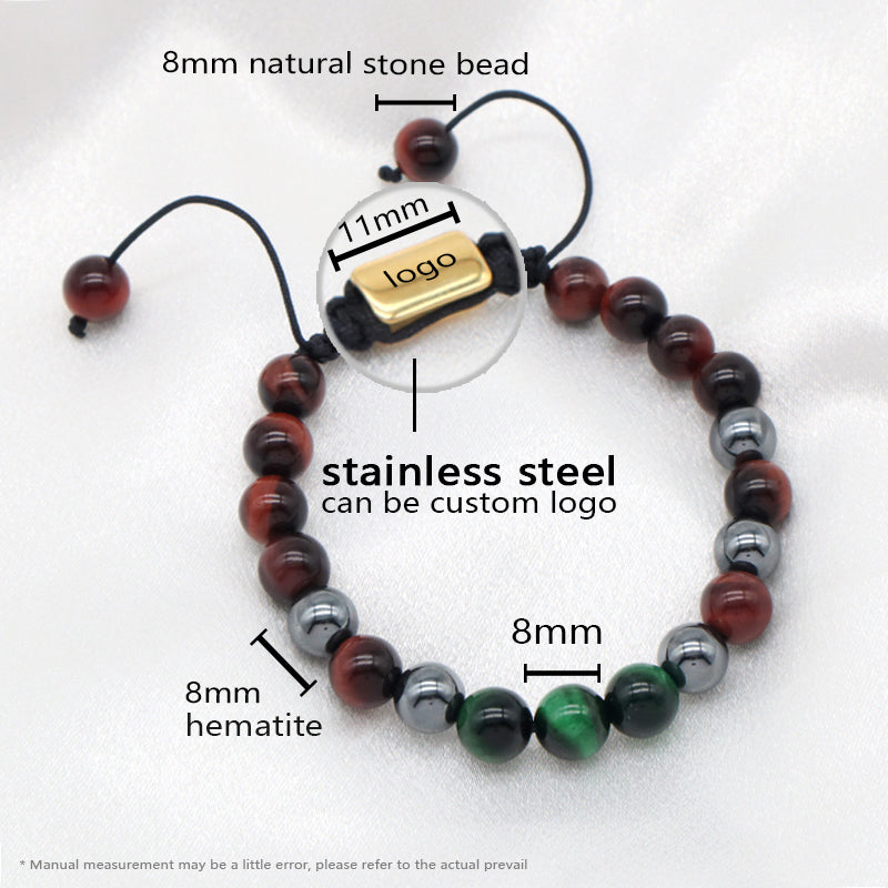Handmade Woven Macrame CZ Beads Jewelry Custom Stainless Steel Logo 8mm Hematite Natural Stone Bead Blue Tiger Eyes Men Bracelet