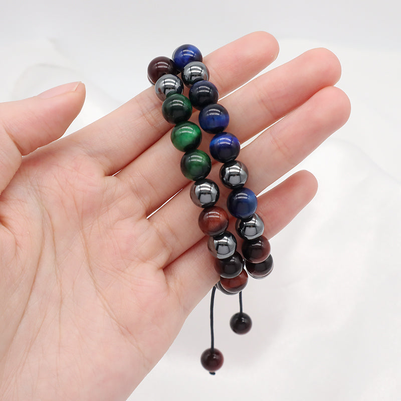 Handmade Woven Macrame CZ Beads Jewelry Custom Stainless Steel Logo 8mm Hematite Natural Stone Bead Blue Tiger Eyes Men Bracelet