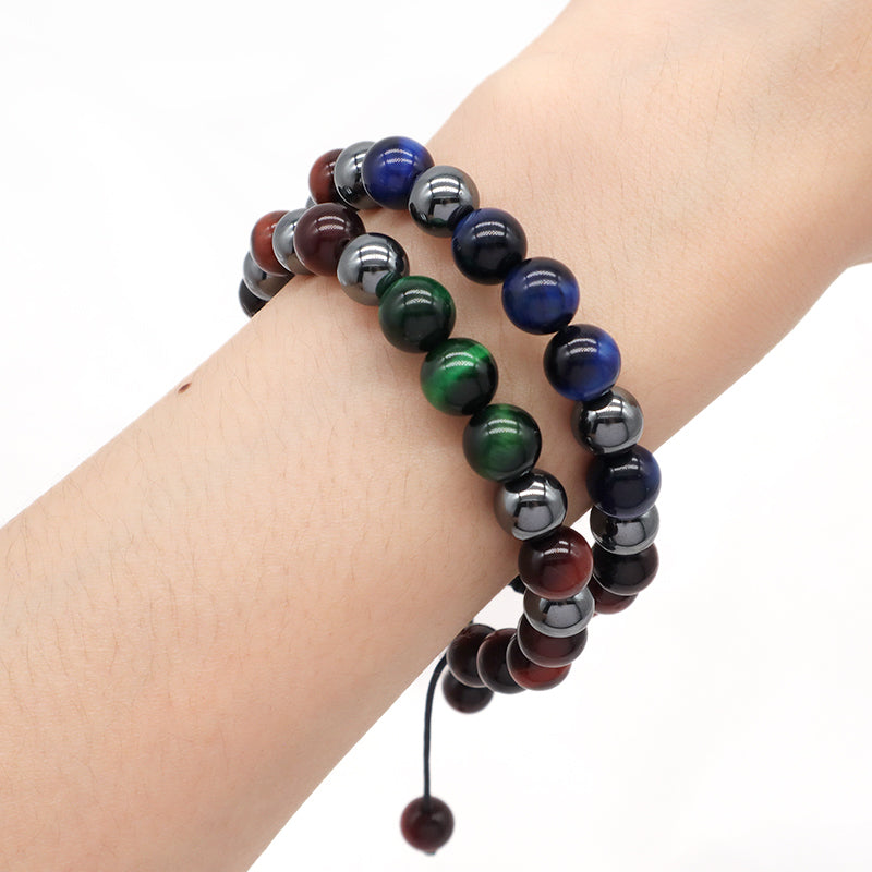 Handmade Woven Macrame CZ Beads Jewelry Custom Stainless Steel Logo 8mm Hematite Natural Stone Bead Blue Tiger Eyes Men Bracelet