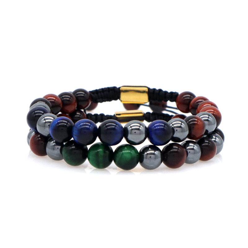 Handmade Woven Macrame CZ Beads Jewelry Custom Stainless Steel Logo 8mm Hematite Natural Stone Bead Blue Tiger Eyes Men Bracelet