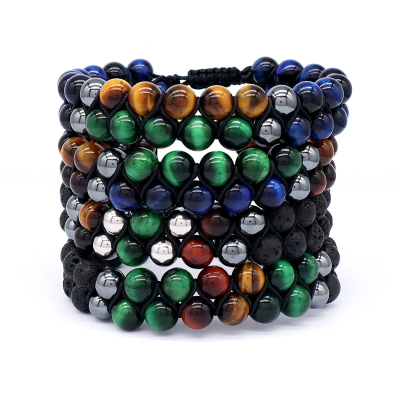 New Design Custom Mix Color Adjustable 8mm Tiger Eye Black Lave Beads Natural Stone Handmade Woven Men Jewelry Macrame Bracelet