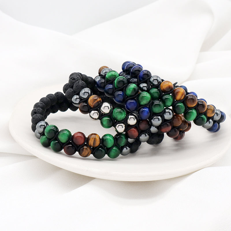 New Design Custom Mix Color Adjustable 8mm Tiger Eye Black Lave Beads Natural Stone Handmade Woven Men Jewelry Macrame Bracelet