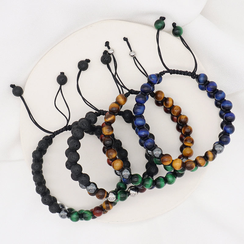 New Design Custom Mix Color Adjustable 8mm Tiger Eye Black Lave Beads Natural Stone Handmade Woven Men Jewelry Macrame Bracelet
