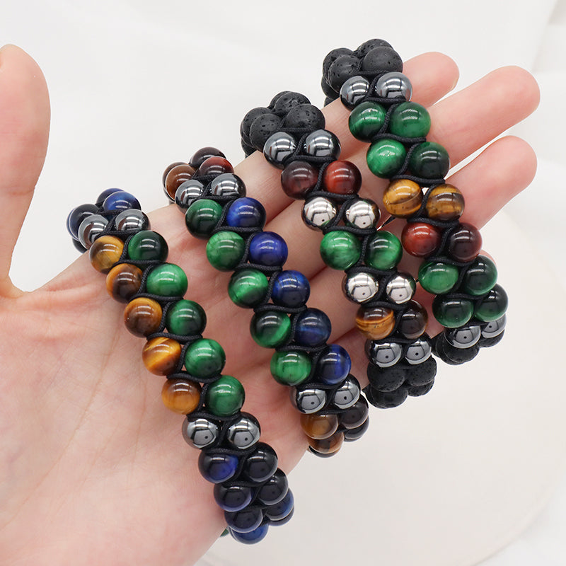 New Design Custom Mix Color Adjustable 8mm Tiger Eye Black Lave Beads Natural Stone Handmade Woven Men Jewelry Macrame Bracelet