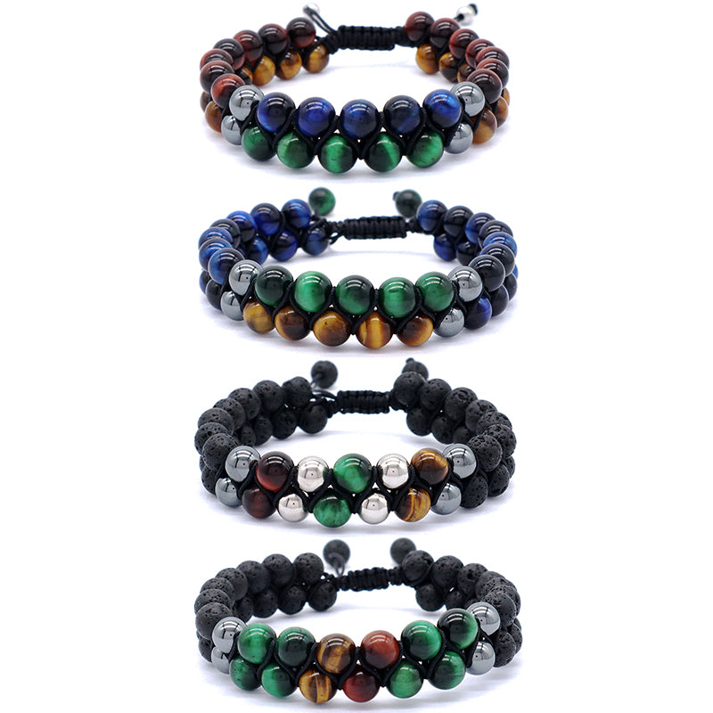New Design Custom Mix Color Adjustable 8mm Tiger Eye Black Lave Beads Natural Stone Handmade Woven Men Jewelry Macrame Bracelet