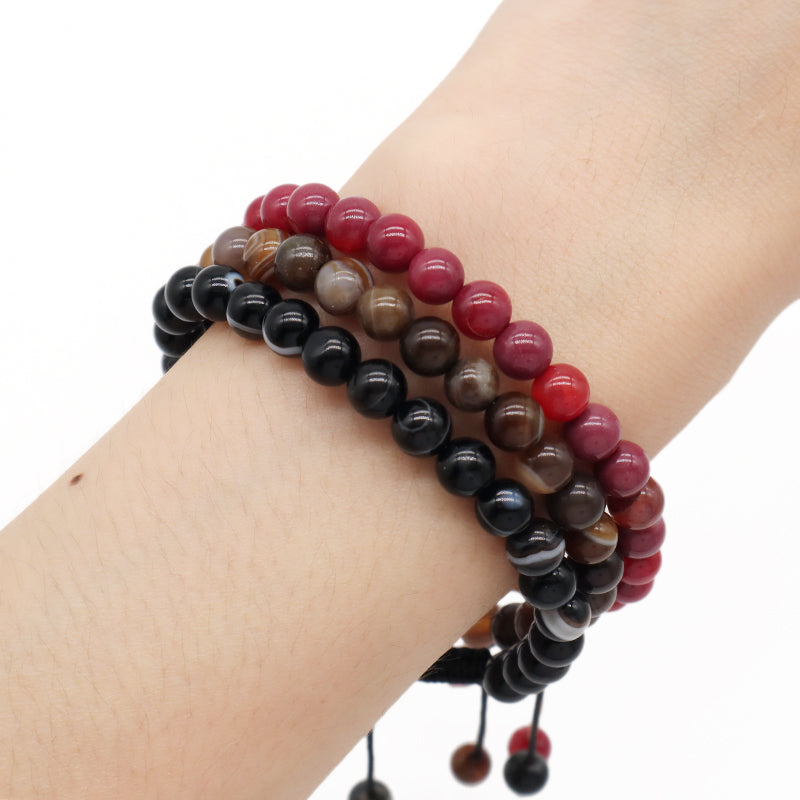 Customized Handmade Woven 6mm Red Brown Black Striped Agate Gemstone Natural Stone Beads Adjustable Men Women Macrame Bracelet