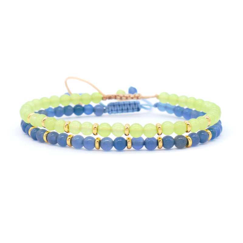 Custom OEM Adjustable Gold Plated Brass Charm Handmade Woven Macrame 4mm Colorful Jade Blue Agate Natural Stone Beads Bracelet