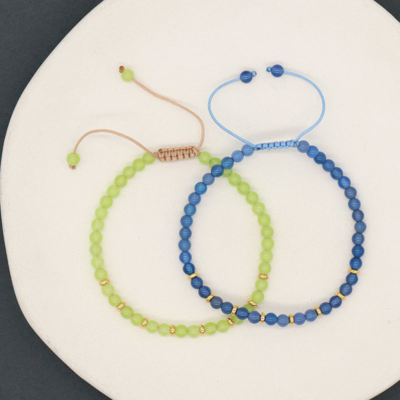 Custom OEM Adjustable Gold Plated Brass Charm Handmade Woven Macrame 4mm Colorful Jade Blue Agate Natural Stone Beads Bracelet