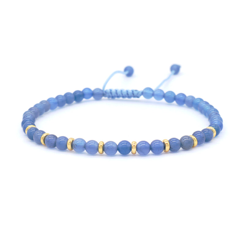 Custom OEM Adjustable Gold Plated Brass Charm Handmade Woven Macrame 4mm Colorful Jade Blue Agate Natural Stone Beads Bracelet