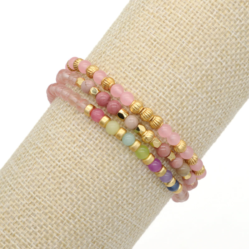 OEM Custom Bohemian Gold Plated Bead Handmade Woven Macrame 4mm Colorful Jade Watermelon Rhodochrosite Natural Stone Bracelet