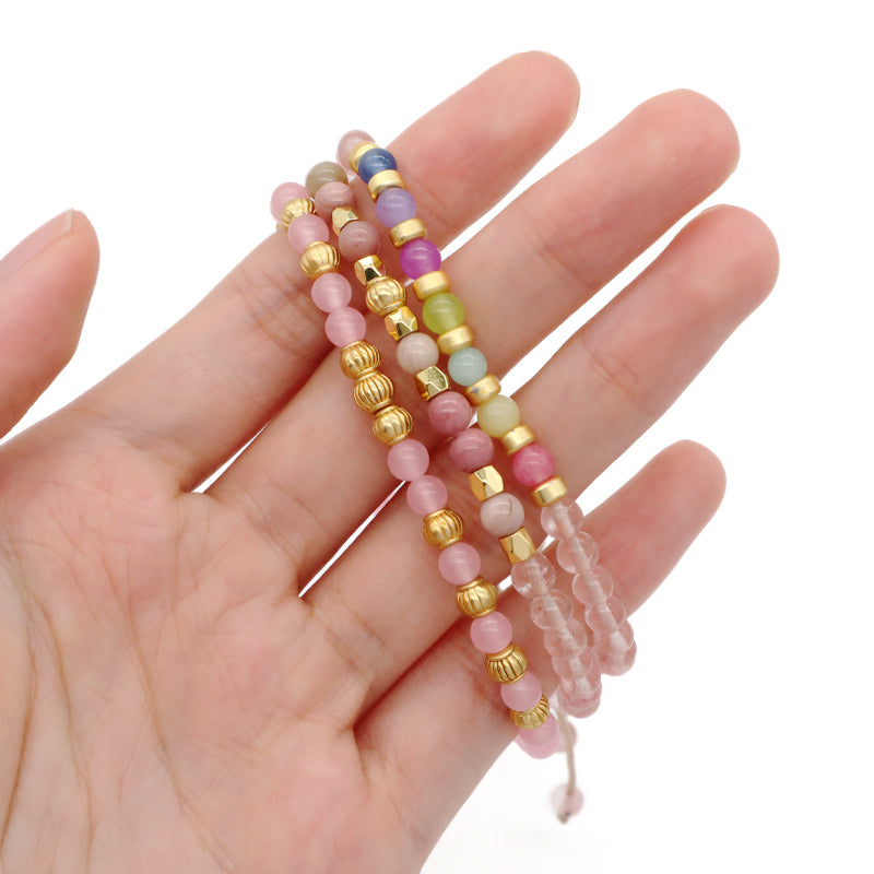 OEM Custom Bohemian Gold Plated Bead Handmade Woven Macrame 4mm Colorful Jade Watermelon Rhodochrosite Natural Stone Bracelet