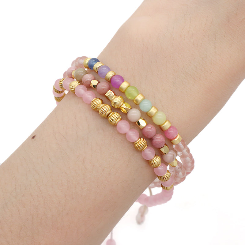 OEM Custom Bohemian Gold Plated Bead Handmade Woven Macrame 4mm Colorful Jade Watermelon Rhodochrosite Natural Stone Bracelet