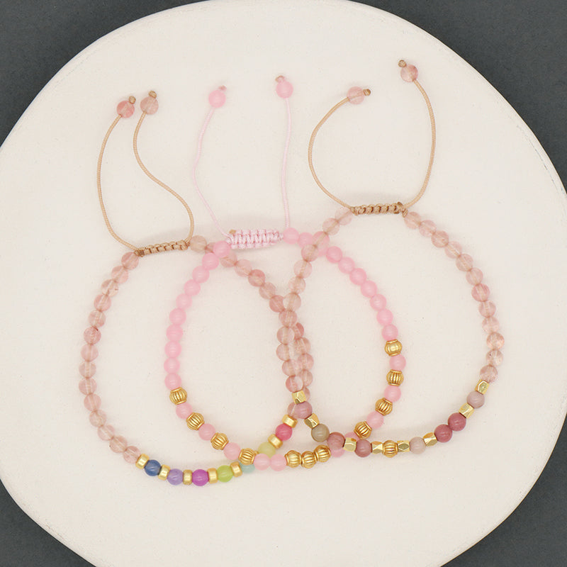 OEM Custom Bohemian Gold Plated Bead Handmade Woven Macrame 4mm Colorful Jade Watermelon Rhodochrosite Natural Stone Bracelet