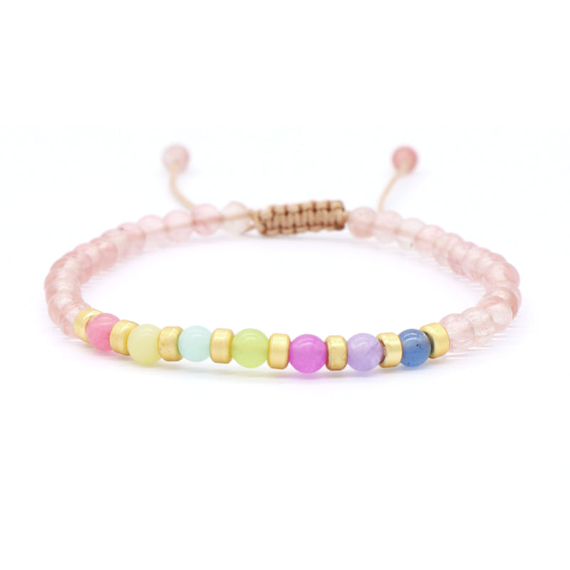 OEM Custom Bohemian Gold Plated Bead Handmade Woven Macrame 4mm Colorful Jade Watermelon Rhodochrosite Natural Stone Bracelet