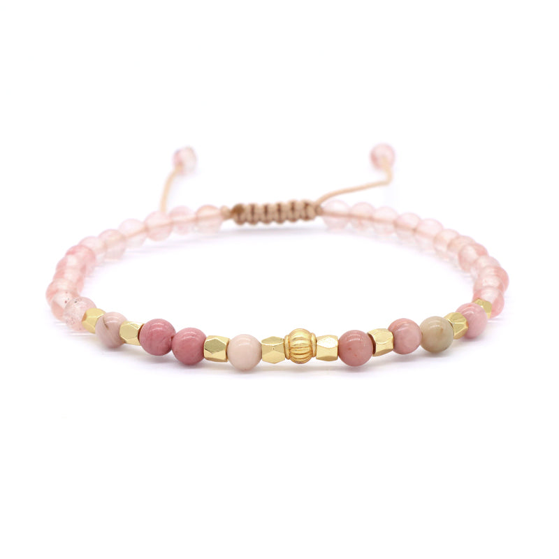 OEM Custom Bohemian Gold Plated Bead Handmade Woven Macrame 4mm Colorful Jade Watermelon Rhodochrosite Natural Stone Bracelet