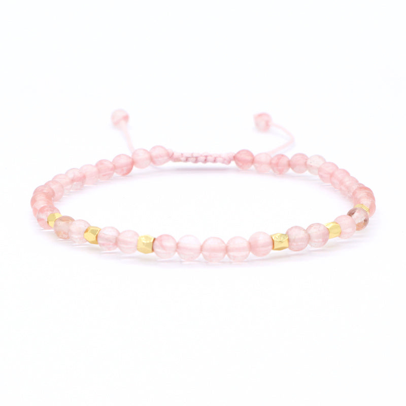OEM Custom Gold Plated Beads Handmade Adjustable Woven Macrame Bohemian Healing Energy 4mm Natural Stone Pink Quartz Bracelet