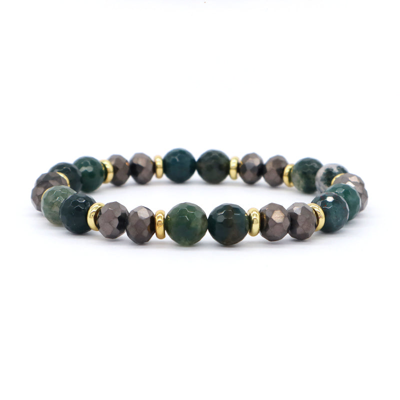 8mm Energy Healing Glass Crystal Custom OEM Handmade Beads Jewelry Natural Stone Stretch Faceted Green Jade Moss Agate Bracelet