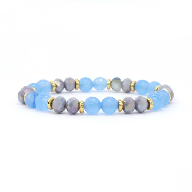 Custom OEM Women Handmade Jewelry Gold Plated Beads 8mm Energy Glass Crystal Stretch Faceted Blue Jade Natural Stone Bracelet