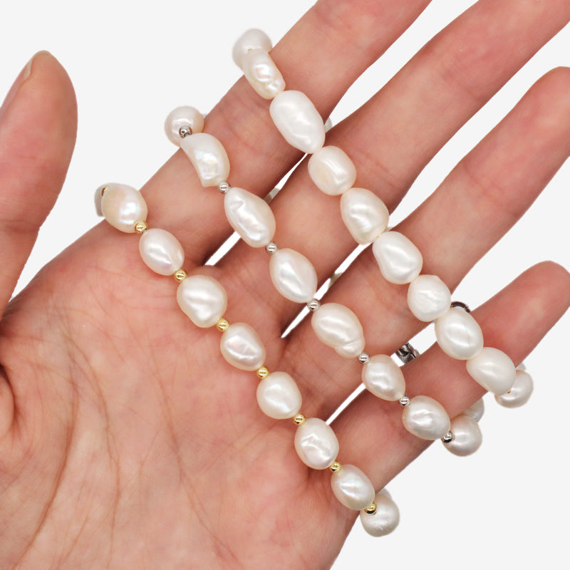 Wholesale Custom Women Rhodium Gold Plated 925 Sterling Silver Beads Adjustable Handmade Pure Freshwater Baroque Pearl Bracelet