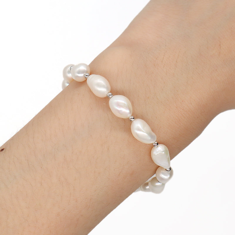 Wholesale Custom Women Rhodium Gold Plated 925 Sterling Silver Beads Adjustable Handmade Pure Freshwater Baroque Pearl Bracelet