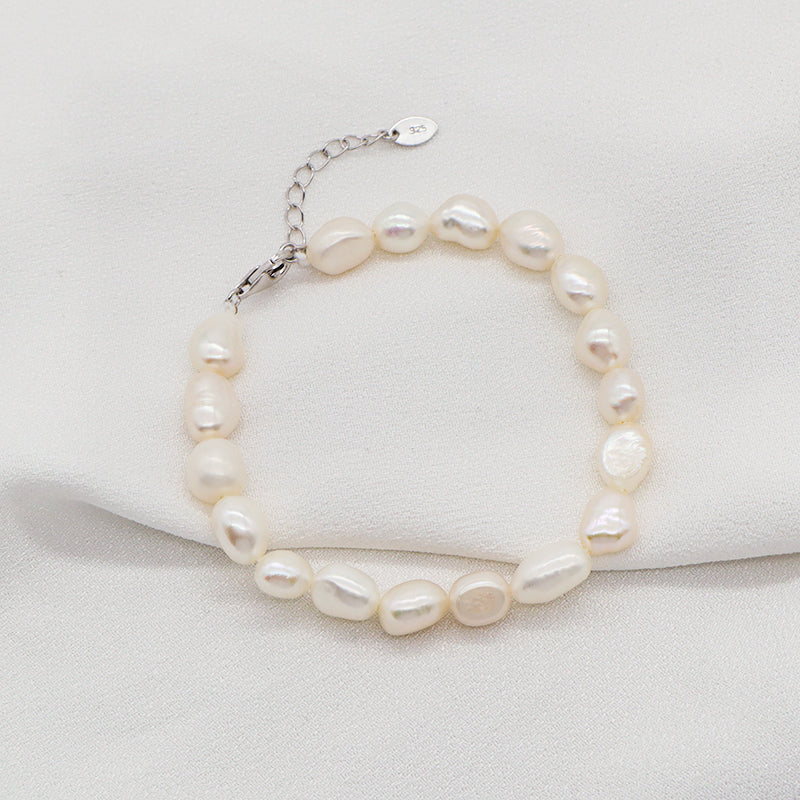 Wholesale Custom Women Rhodium Gold Plated 925 Sterling Silver Beads Adjustable Handmade Pure Freshwater Baroque Pearl Bracelet