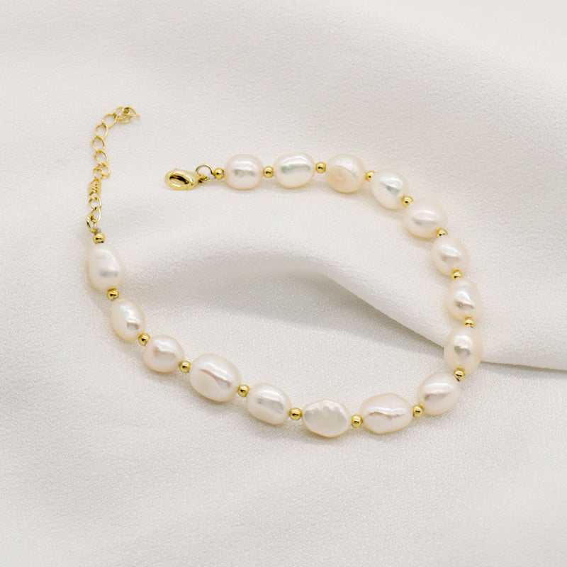 Wholesale Custom Women Rhodium Gold Plated 925 Sterling Silver Beads Adjustable Handmade Pure Freshwater Baroque Pearl Bracelet