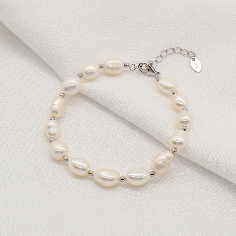 Wholesale Custom Women Rhodium Gold Plated 925 Sterling Silver Beads Adjustable Handmade Pure Freshwater Baroque Pearl Bracelet