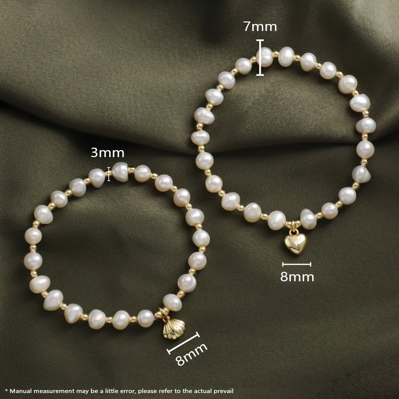 Wholesale Fashion Custom Women Gift Gold Plated Brass Beads Handmade Elastic Shell Heart Charm 7mm Freshwater Pearl Bracelet