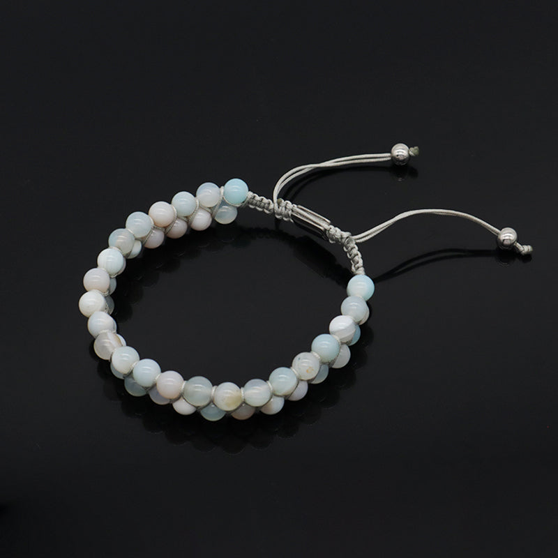 Double Layer 6mm Natural Stone Beaded Gemstone Bangles Custom Handmade Adjustable Woven Stainless Steel Macrame Knots Bracelet