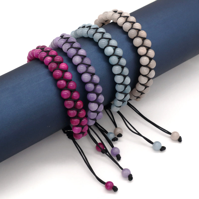 Handmade Yoga Inspirational 6mm Natural Stone Bead Gemstone Adjustable Stainless Steel Macrame Knots Handmade Yoga Bracelet